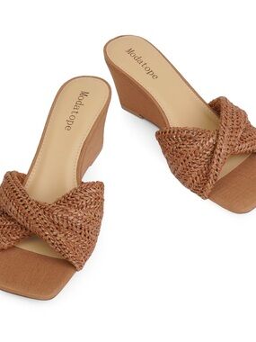 Modatope Braided Wedge Slide Sandals in Tan